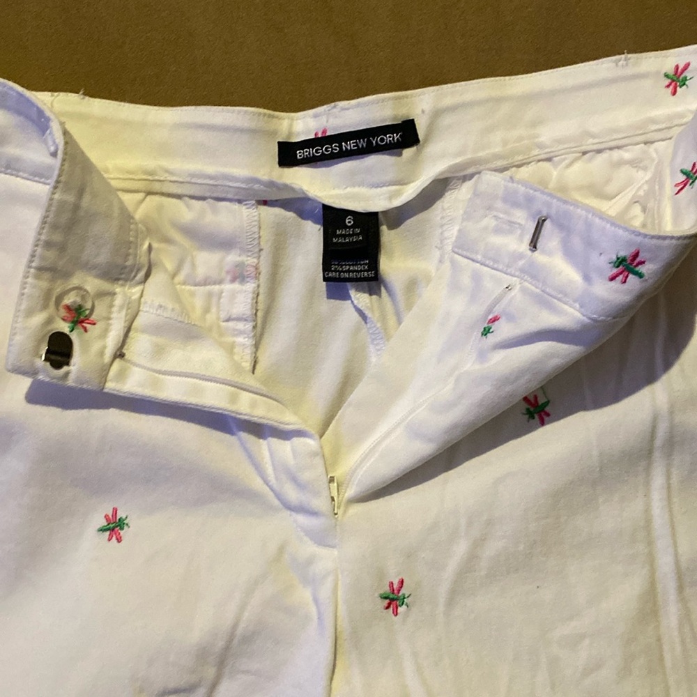 Briggs New York Pink and Green dragonflies on white cotton pants.